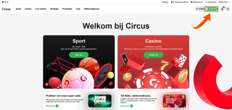 Klik op 'Storten' bij Circus Casino