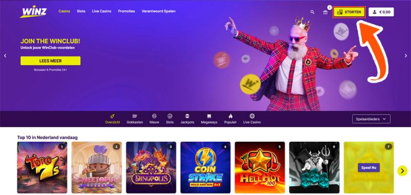 Klik op 'Storten' bij Winz Casino