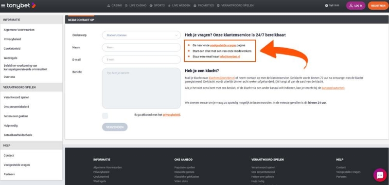 Met Tonybet contact opnemen