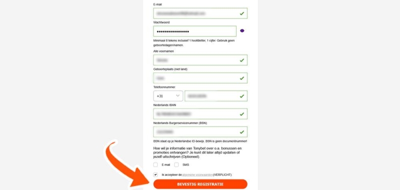 Vul bij Tonybet de gegevens aan