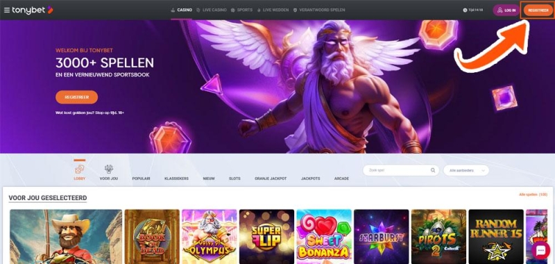 Klik op de Tonybet registreerknop 
