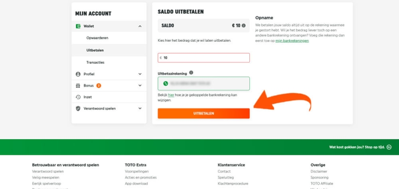 Vul het gewenste bedrag in en klik op Toto Uitbetalen