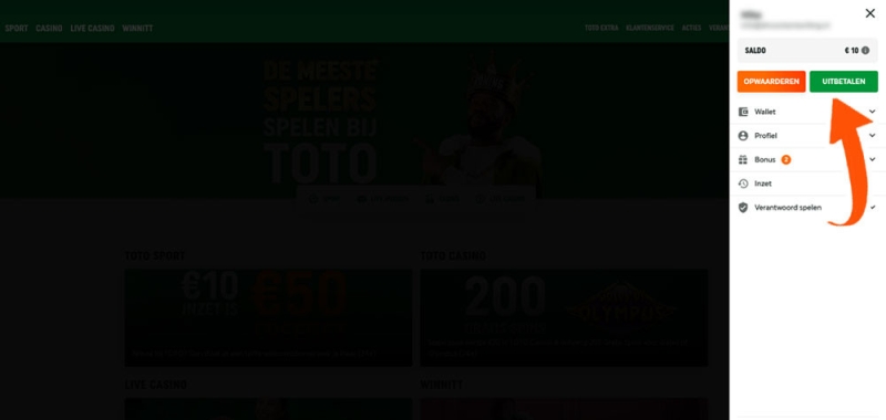 Klik op Uitbetalen bij Toto Casino