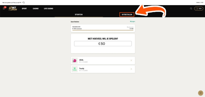Klik op de knop voor uitbetalen bij BetMGM