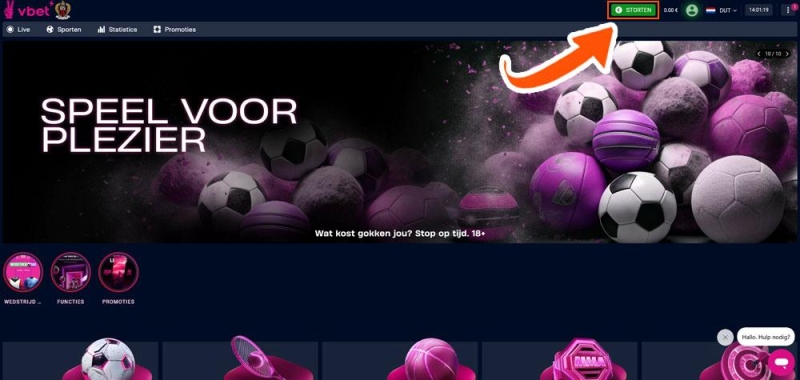 Klik op 'Storten' bij Vbet