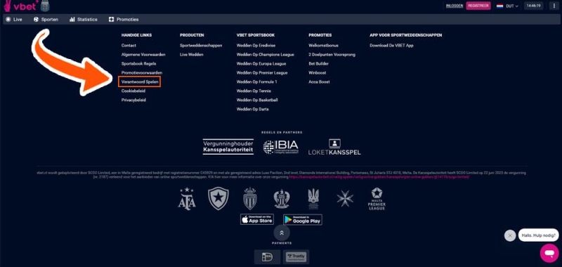 Verantwoord Spelen pagina aanklikken bij Vbet