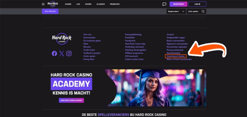 Klik op 'Verantwoord Spelen' bij Hard Rock Casino