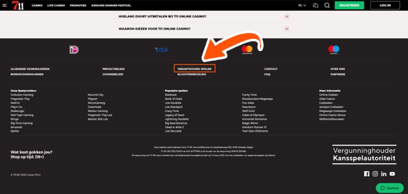 Open de verantwoord spelen pagina bij 711 Casino