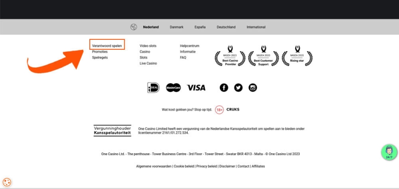 Klik op de verantwoord spelen pagina bij One Casino