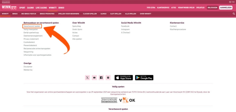 Klik op de Verantwoord Spelen pagina bij Winn Itt