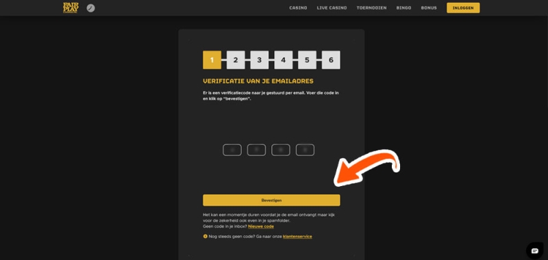 Vul de verificatiecode in bij Fair Play Casino