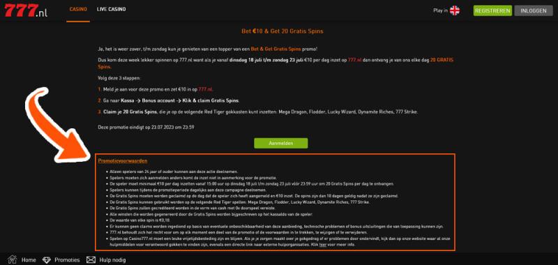 Lees de voorwaarden door bij Casino 777