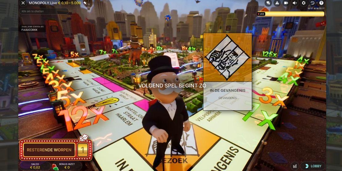 Bonusronde bij live spel Monopoly Live