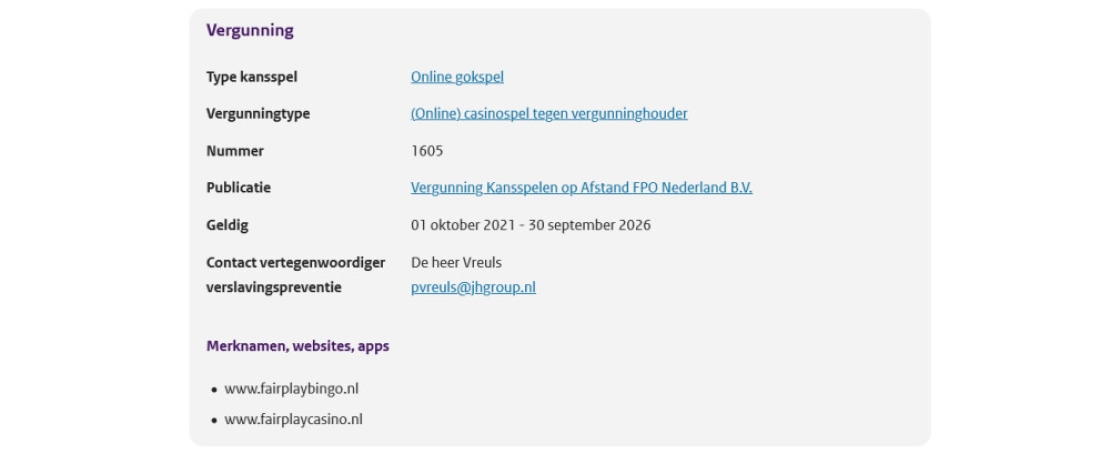 Vergunningsinformatie FPO Nederland BV - Kansspelautoriteit