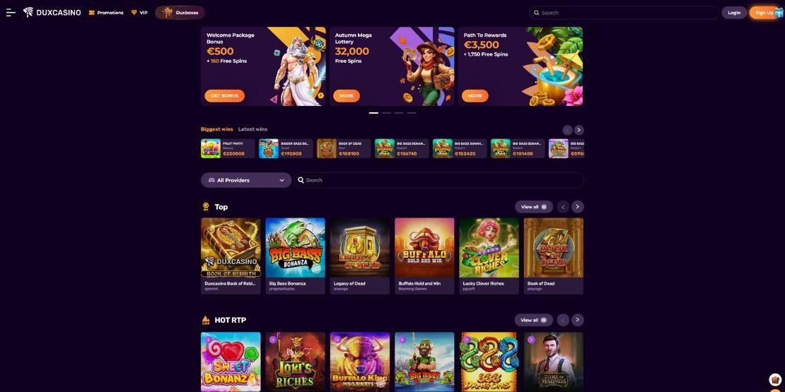 Homepage van Dux Casino