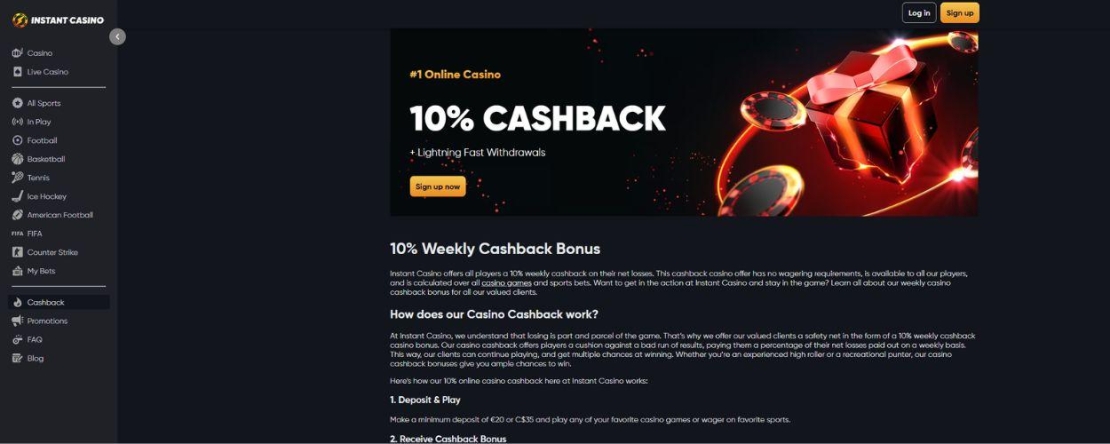 Instant Casino cashback bonus