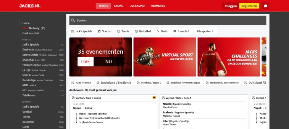 Overzicht van het sportsbook bij Jack's Casino met live sportwedstrijden en weddenschappen