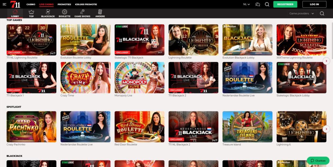 711 Live Casino voor spellen met dealers of game shows