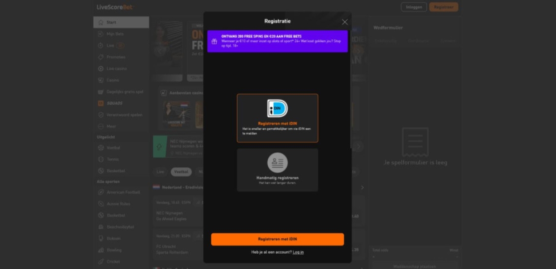 Livescore Bet nederland registreren voor een account