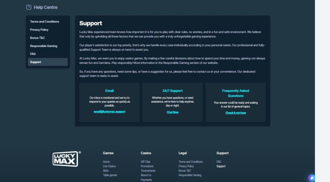 Klantenservice van Lucky Max Casino