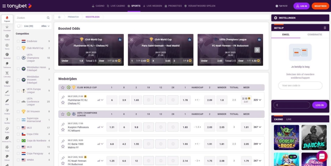 Screenshot Tonybet Sports 2025