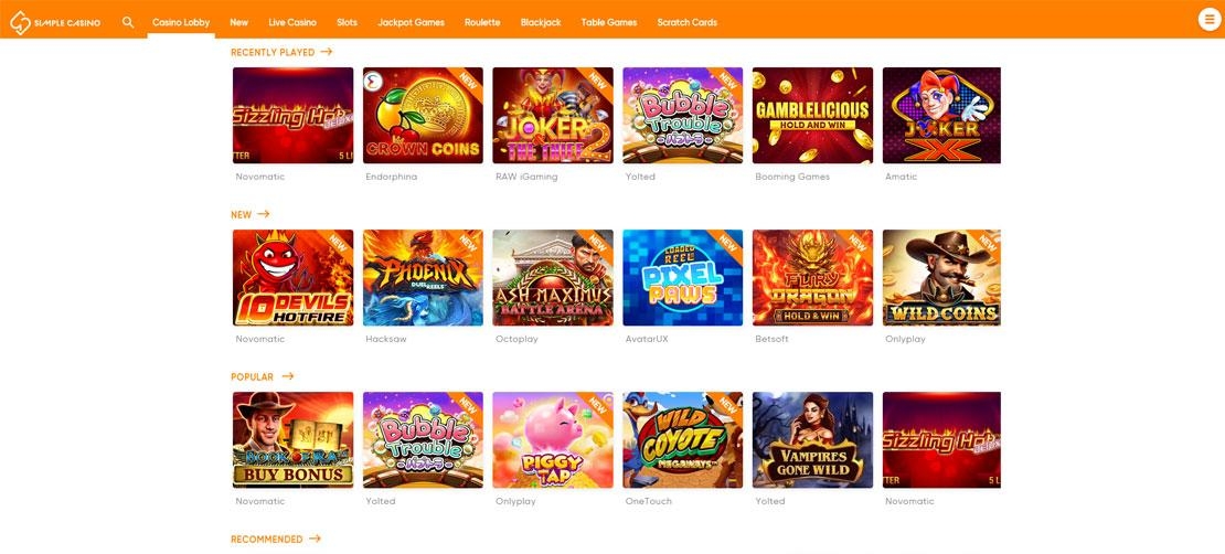 Spelaanbod van Simple Casino
