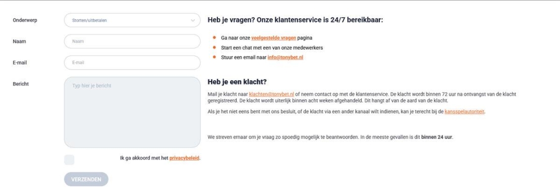 Klantenservice van Tonybet